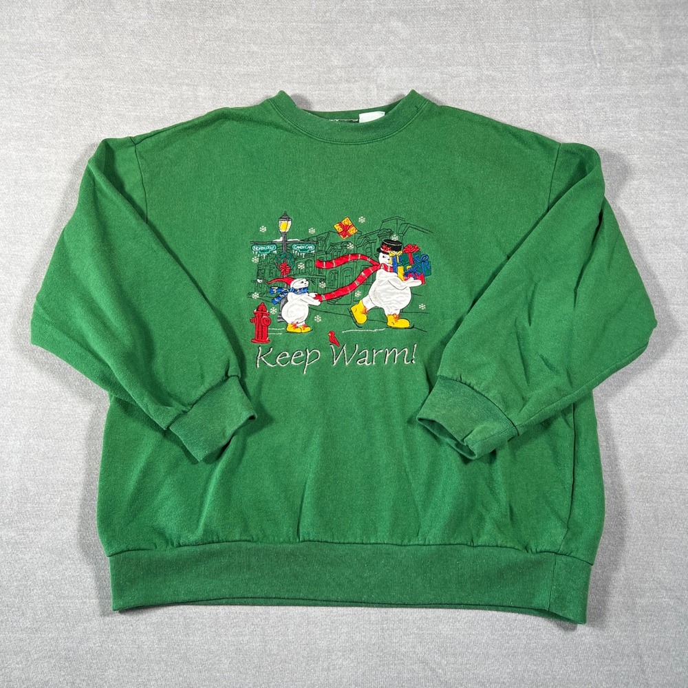 Unbranded Keep Warm Snowman Embroidery Crewneck Sweatshirt Women XL Green Cotton
